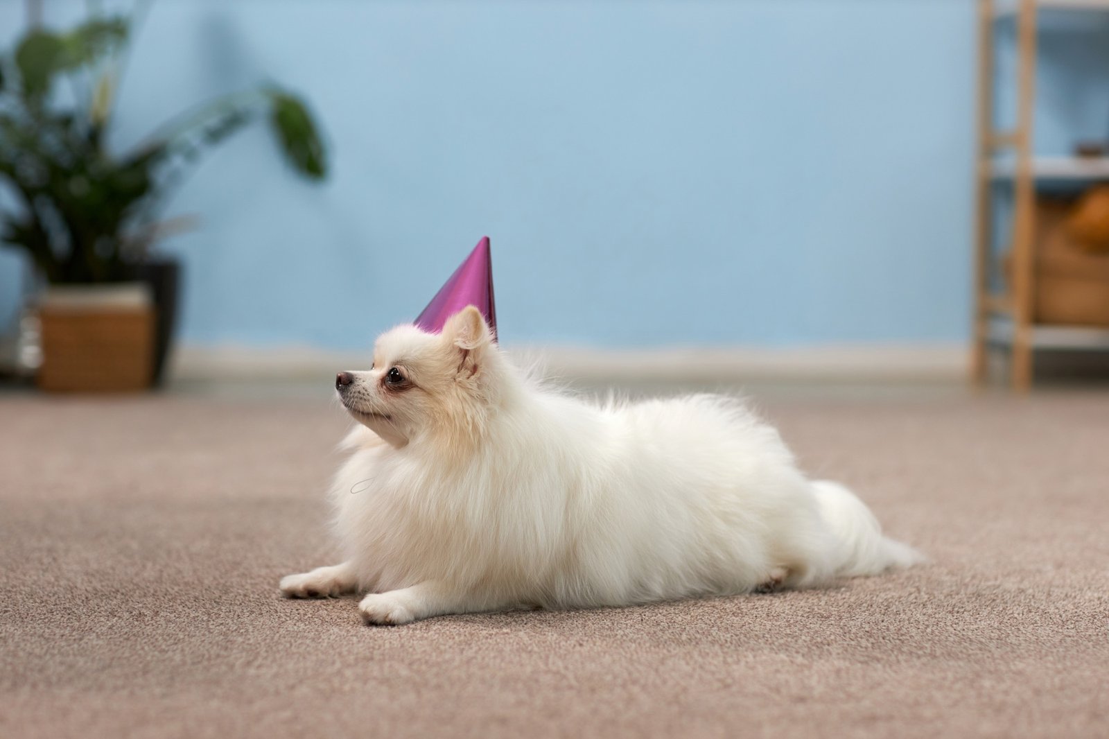 Fluffy Pomeranian Wearing Party Hat on Carpet